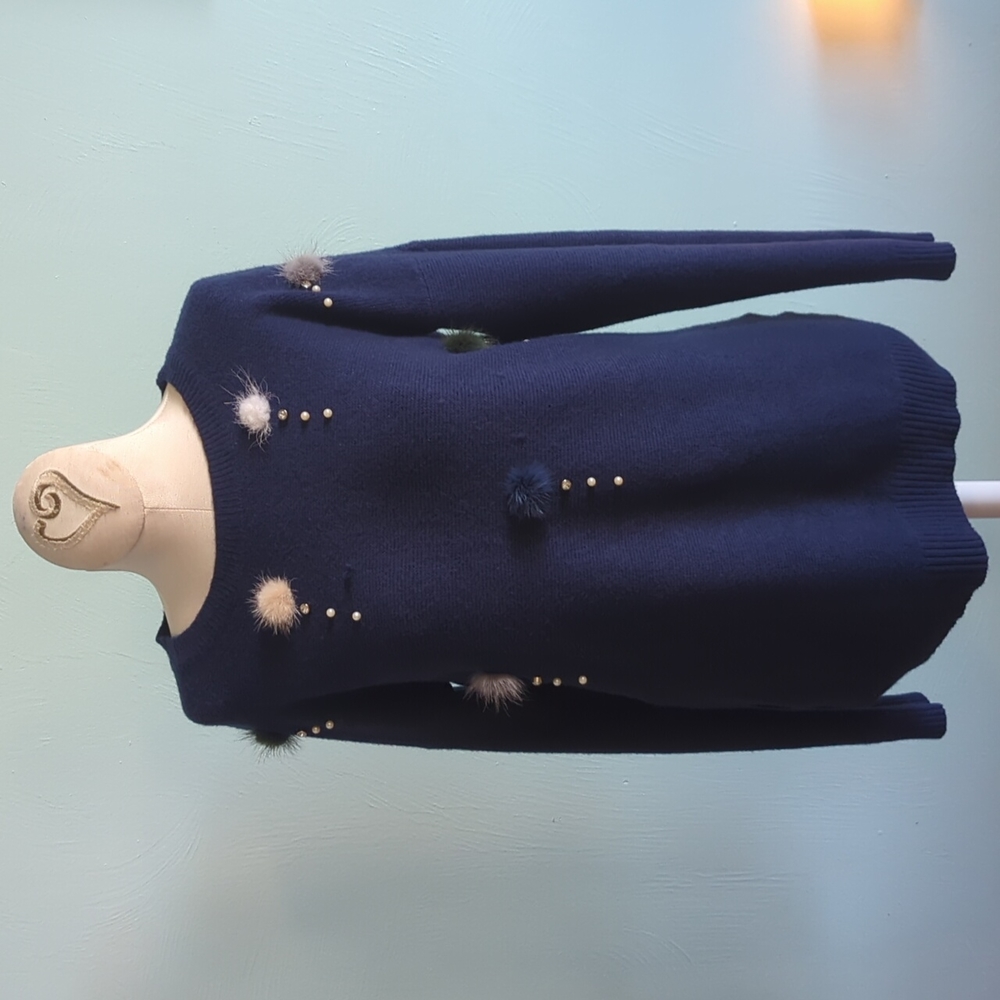 GRAN ORIENTE Embellished Faux-Fur Pom-Pom Navy Blue Sweater